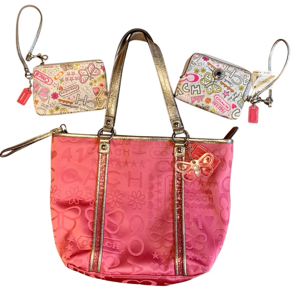 Coach Poppy Bandana Butterfly Glitter Pink Silver Tote + Wristlet + NWT Wallet